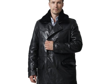 Herren Echtleder Pea Coat mit abnehmbaren Pelzkragen - lange Rindslederjacke