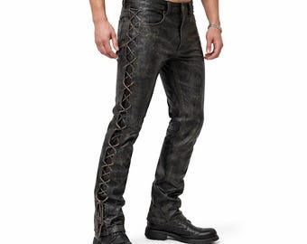 Men's Distressed Cowhide Leather Lace-Up Biker Pants