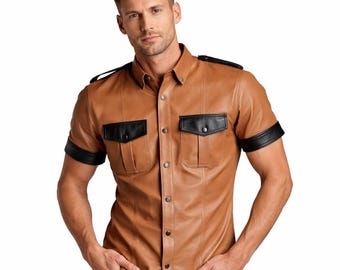 Men’s Tan Lamb Leather Police Shirt – Short Sleeve with Black Trim