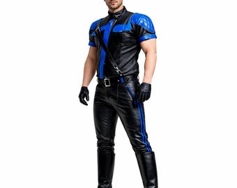 Men's Real Leather Police Shirt & Quilted Pants Set – Royal Blue - Black
