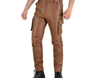Men's Vintage Leather Biker Cargo Pants with Multiple Pockets