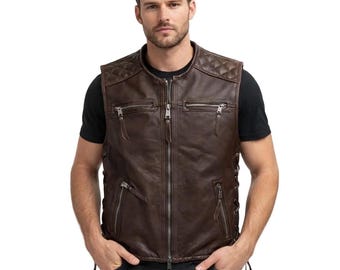Men's Quilted Cowhide Leather Biker Vest with Side Laces