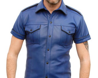 Herren Lammlederhemd aus blauem Lammleder - kurze Ärmel mit schwarzer Paspelierung