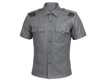 Graues Herren-Leder-Polizeihemd - Kurzarm mit schwarzer Paspelierung