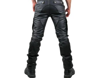 Men’s Cowhide Leather Cargo Biker Pants – Multi-Pocket Quilted Design