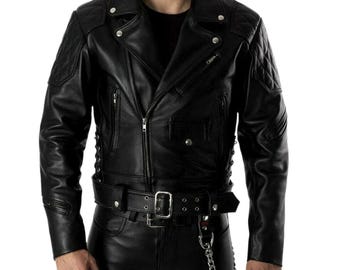 Men’s Cowhide Leather Biker Jacket with Quilted Panels and Side Laces