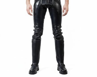 Men’s Double Zip Leather Biker Pants – Genuine Cowhide Trousers Optional Back Zipper