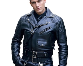 Herren Brando Leder Bikerjacke mit gesteppten Einsätzen und seitlichen Schnürsenkeln