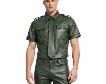 Men's Lamb Leather Police Shirt with Tie – Green with Black Piping