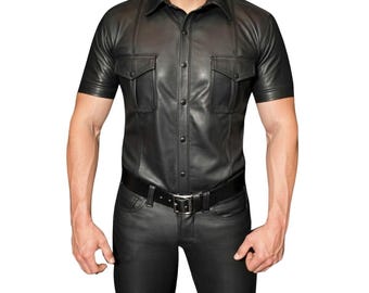 Herren Lammfell Leder Polizeihemd - Kurzarm Clubwear