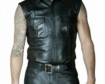 Men’s Sleeveless Leather Police Shirt – Lambskin BLUF Clubwear Top