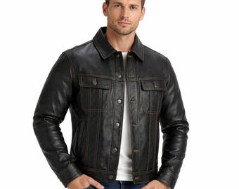 Men’s Cow Leather Trucker Jacket – Classic Levi’s Style, Contrast Stitching