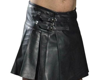 Men’s Genuine Cowhide Leather Pleated Club Kilt with Buckle Closure