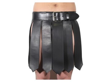 Herren Echtleder Gladiator Kilt - Schwarzer handgefertigter Clubwear Kilt