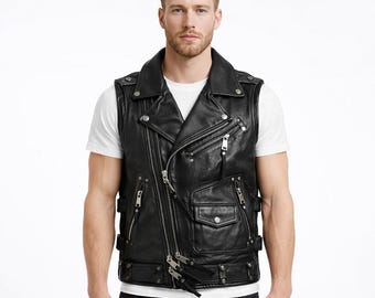 Men’s Quilted Cowhide Leather Biker Vest with Stretch Panels