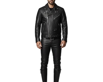 Bikerjacke aus Rindsleder für Herren mit gesteppten Einsätzen