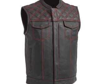 Biker-Weste aus echtem Rindsleder für Herren mit Kontraststich-Details