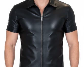 Herren Echtleder Kurzarm Zip-Up Shirt - Clubwear Stil