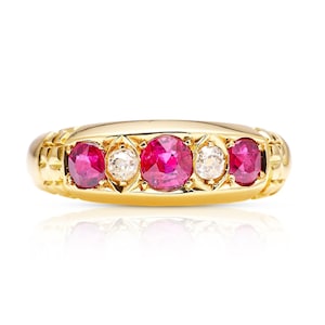Antique Ruby and Diamond Five-Stone Ring | Solid Gold | Lab-Grown Diamonds D–F VVS | Certificate and Luxury Jewelry Box