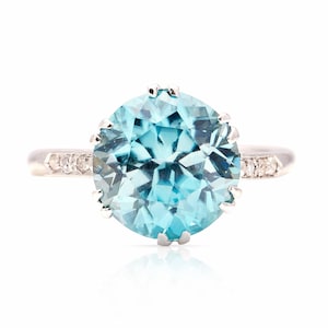 Vintage, Art Deco blue zircon & diamond ring | Antique cocktail ring | Unique engagement ring | December birthstone jewelry gift for her
