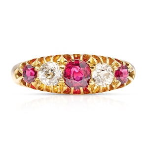 Antique Victorian Five Stone Ruby and Diamond Ring | Solid Gold | Lab-Grown Diamonds D–F VVS | Certificate and Luxury Box