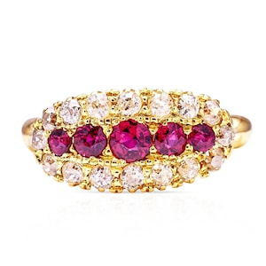 Antique Ruby and Diamond Five-Stone Ring | Solid Gold | Lab-Grown Diamonds D–F VVS | Certificate and Luxury Jewelry Box