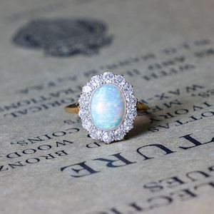 Antique Edwardian Opal & Diamond Cluster Ring in Solid Gold with Certificate Free Engraving Customization and Luxury Jewelry Box