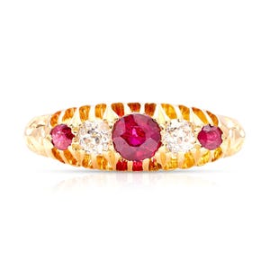 Antique Edwardian Ruby & Diamond Five-Stone Ring in Solid Gold | Lab-Grown Diamonds D–F VVS | Certificate and  Luxury Jewelry Box
