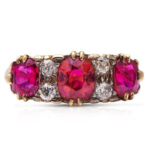Victorian Ruby & Diamond Three-Stone Ring | Antique Vintage Style Engagement or Anniversary Ring with Lab-Grown Diamonds in Gold