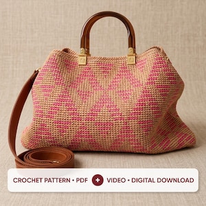 Op de afbeelding: Een gehaakte handtas met een geometrisch patroon in beige en felroze, twee donkerbruine kunsthars handvatten met goudkleurige hardware en een afneembare bruine leren schouderband. De afbeelding bevat de tekst: CROCHET PATTERN • PDF + VIDEO • DIGITAL DOWNLOAD.