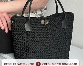 Häkelhandtaschen-Anleitung (PDF) mit Video-Tutorial, Lederbodentasche in zwei Größen, strukturierte Kordeltasche mit Futter