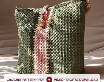 Patrón de bolso de ganchillo en PDF con videotutorial, patrón fácil para bolso de mano redondo con cuerda, lección para hacer un bolso de hombro con hilo grueso, ganchillo para principiantes.