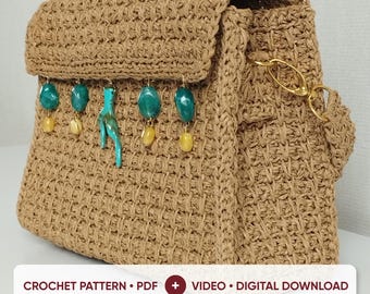 Tutorial en vídeo para tejer un bolso de rafia a crochet, guía para hacer un bolso de verano con cuentas, clase magistral exprés para principiantes, descarga digital.