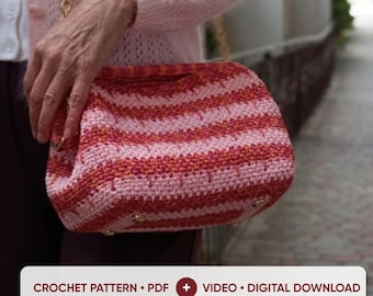 Häkelanleitung für eine Raffia-Tasche mit Video, PDF-Anleitung für eine Häkelclutch, Jacquard-Rahmen-Geldbörsenmuster, strukturierte Handtasche zum Selbermachen, digitaler Download