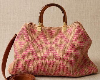 Handgefertigte Basttasche, gehäkelte Jacquard-Schultertasche in Wunschfarbe, große gefütterte Laptoptasche mit Lederriemen und -griffen