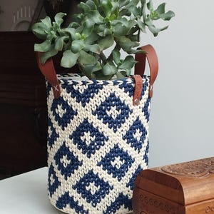 May include: A cylindrical plant pot with a blue and white geometric pattern. The pot has brown leather handles and holds a green succulent plant. A small wooden box is next to the pot.