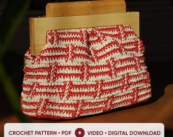 Häkelanleitung für eine Raffia-Tasche (PDF) mit Video-Tutorial, Jacquard-Rahmentasche, gehäkelte Schultertasche mit Futter, digitales Download-Muster