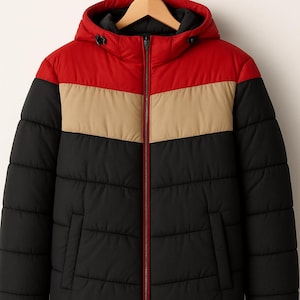 Red Black and Beige Color Block Puffer Jacket – Hooded Winter Coat for Men & Women