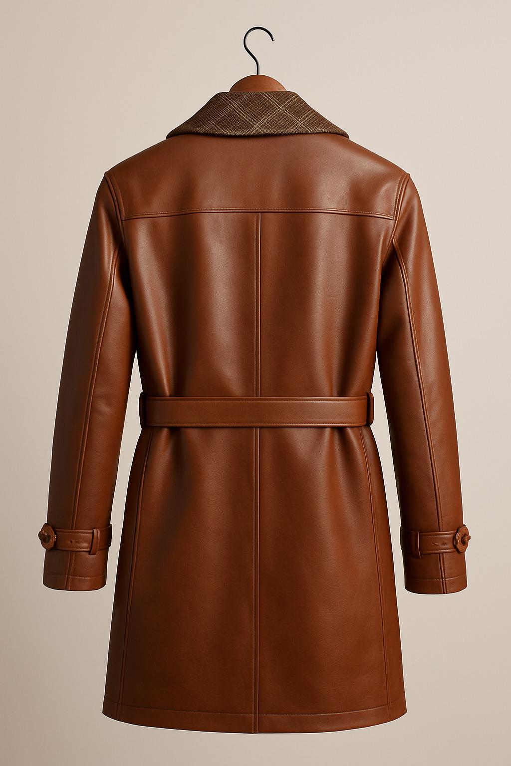 ヴィンテージスタイルのブラウンフェイクレザートレンチコート