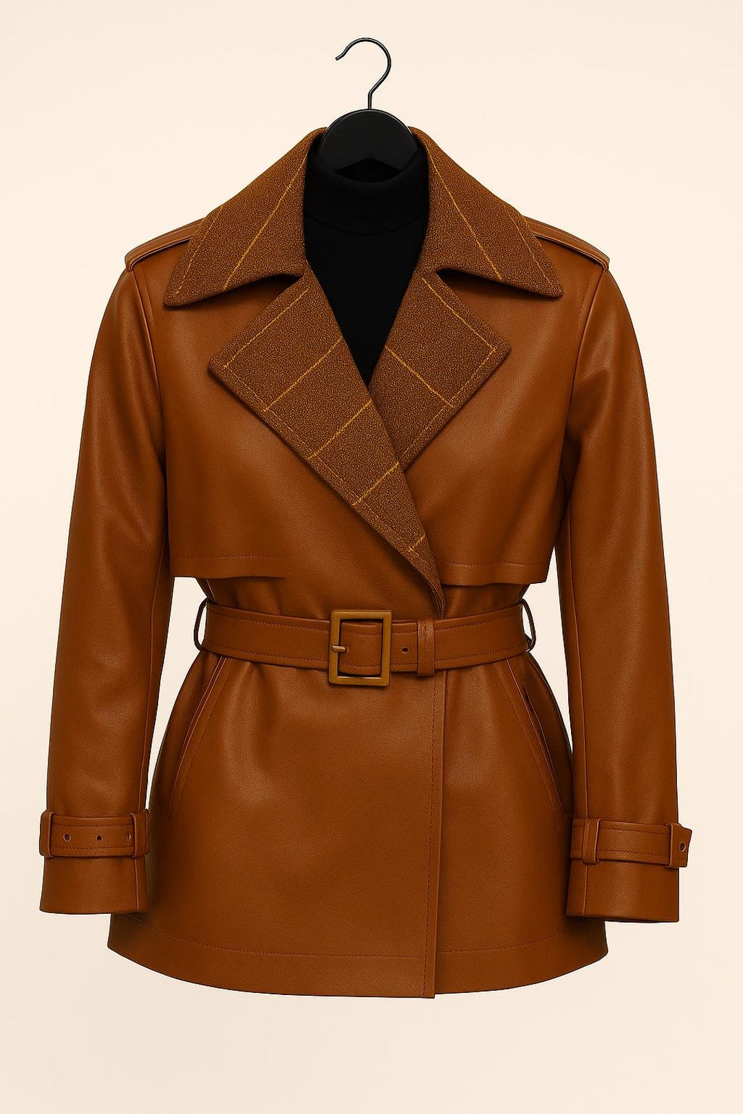 ヴィンテージスタイルのブラウンフェイクレザートレンチコート