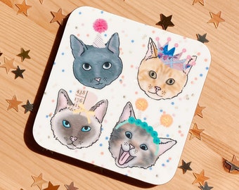 Cat Coaster (cat gift, cat birthday present, cat lover, black, ginger, white, tabby, siamese, cute, design, hand drawn, fun, funny, kitten)