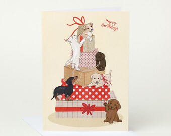 Puppies Birthday Card (dog greeting card, labrador, sausage dog, dachshund, doodle, cute puppy card, hand drawn, illustration)