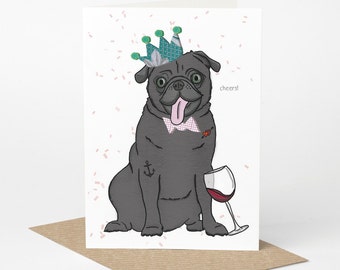 Black Tipsy Pug Birthday Card (black pug, dog christmas card, pug card, winter pug card, pug lover card, pug love card, cute pug card)