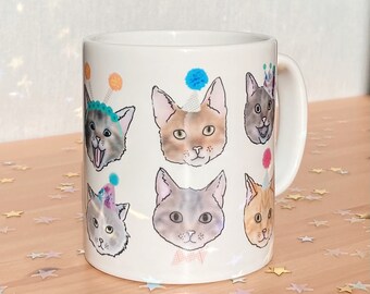 Cat Mug (cat gift, cat birthday present, cat lover, black, ginger, white, tabby, siamese, cute, design, hand drawn, fun, funny, kitten)