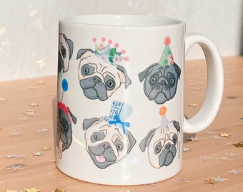 Pug Mug (pug gift, pug birthday present, pug lover, black pug, cute, design, hand drawn, fun, funny, puppy)