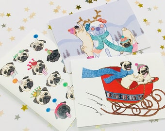 Pug Christmas Card Pack Pick 'N Mix (puppy christmas card, pug lover, pug cards, pug love, cute pug, funny pug, pug holiday cards)