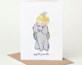 Poodle Card - Apple Poodle (dog birthday card, funny dog card, cute dog card, blank dog card, foodie card, summer fruit card)