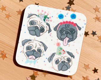 Pug Coaster (pug gift, pug birthday present, pug lover, black pug, cute, design, hand drawn, fun, funny, puppy)