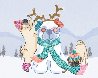 Snow Pug Christmas Card (Christmas Sale, Boxing Day Sale, Christmas Offer, Card Sale, Holiday Sale, 40% off)