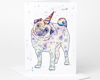 Pug Unicorn Birthday Card (pug congratulations card, pug celebration card, tattoo, rainbow, believe in yourself, motivational)